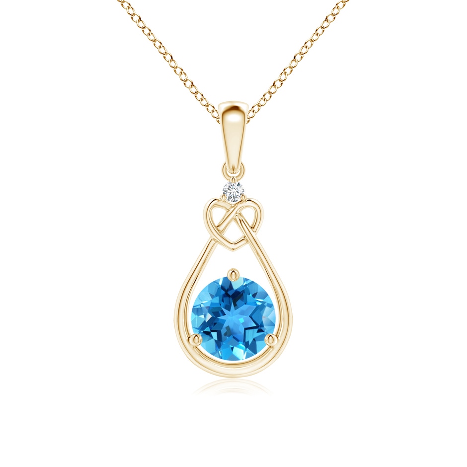 6mm AAA Swiss Blue Topaz Knotted Heart Pendant with Diamond in Yellow Gold 