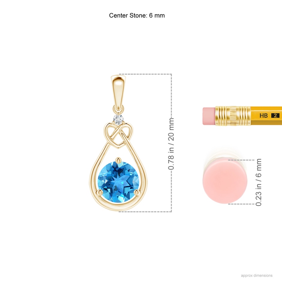 6mm AAA Swiss Blue Topaz Knotted Heart Pendant with Diamond in Yellow Gold ruler