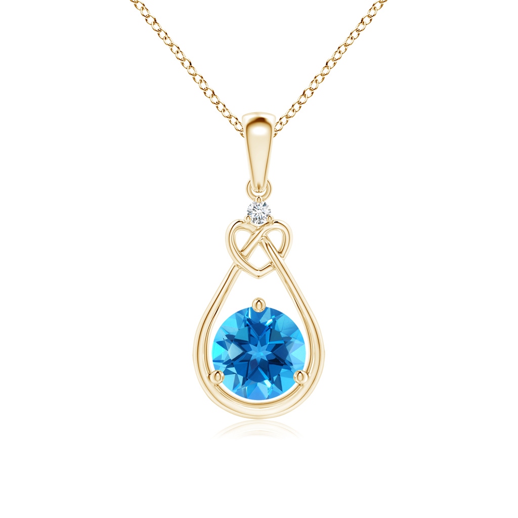 6mm AAAA Swiss Blue Topaz Knotted Heart Pendant with Diamond in 10K Yellow Gold