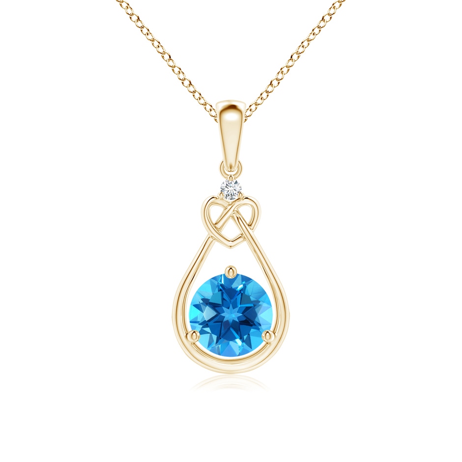 6mm AAAA Swiss Blue Topaz Knotted Heart Pendant with Diamond in 10K Yellow Gold 