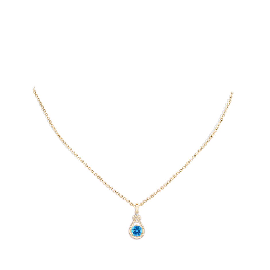 6mm AAAA Swiss Blue Topaz Knotted Heart Pendant with Diamond in 10K Yellow Gold body-neck