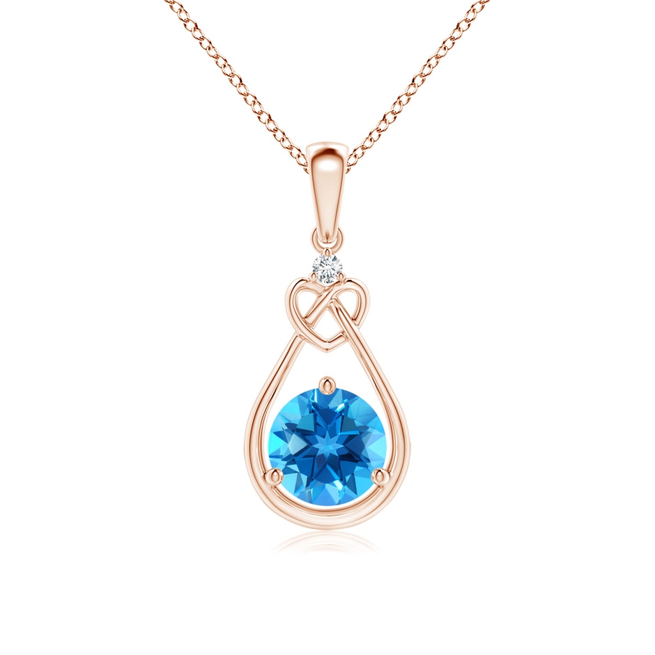 6mm AAAA Swiss Blue Topaz Knotted Heart Pendant with Diamond in Rose Gold 