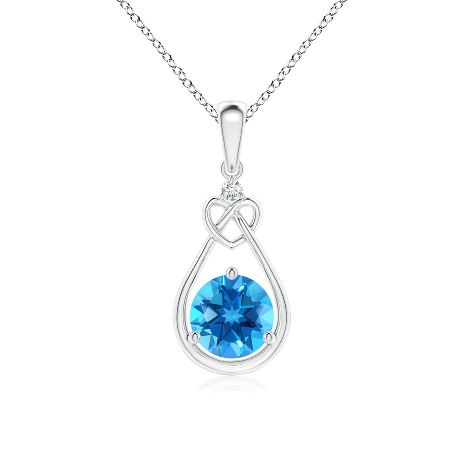 6mm AAAA Swiss Blue Topaz Knotted Heart Pendant with Diamond in White Gold 