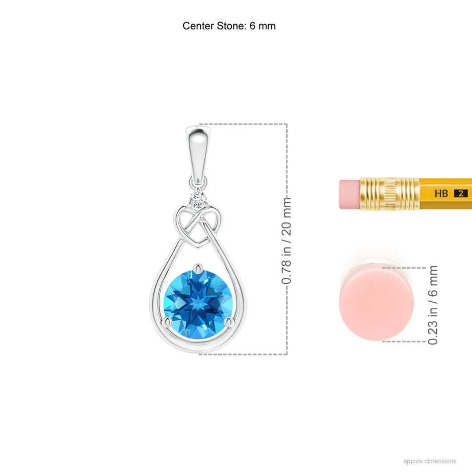6mm AAAA Swiss Blue Topaz Knotted Heart Pendant with Diamond in White Gold ruler