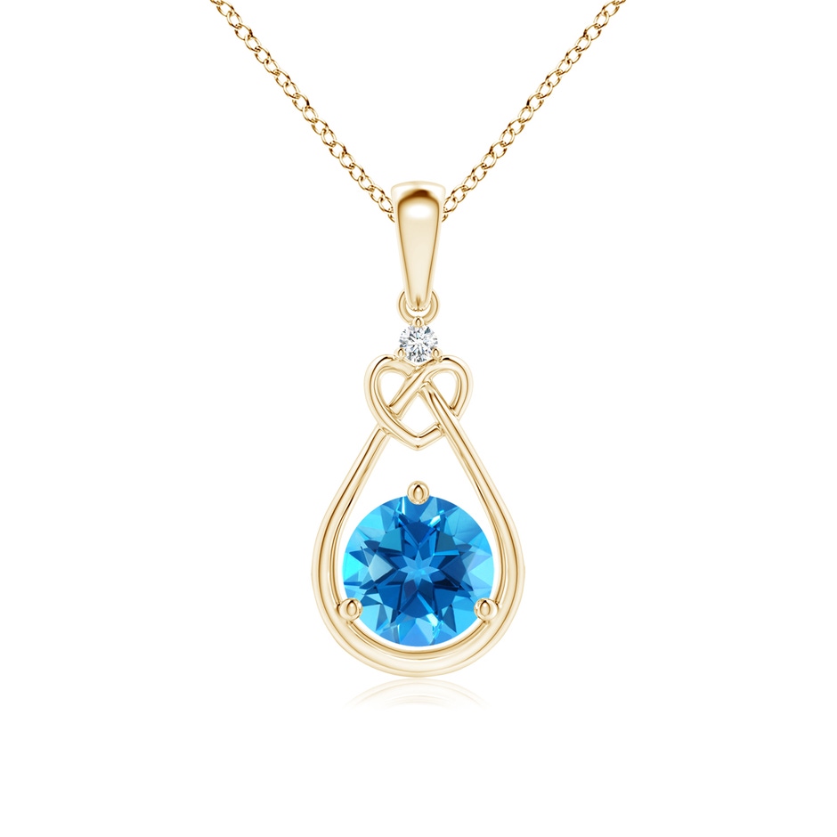 6mm AAAA Swiss Blue Topaz Knotted Heart Pendant with Diamond in Yellow Gold 