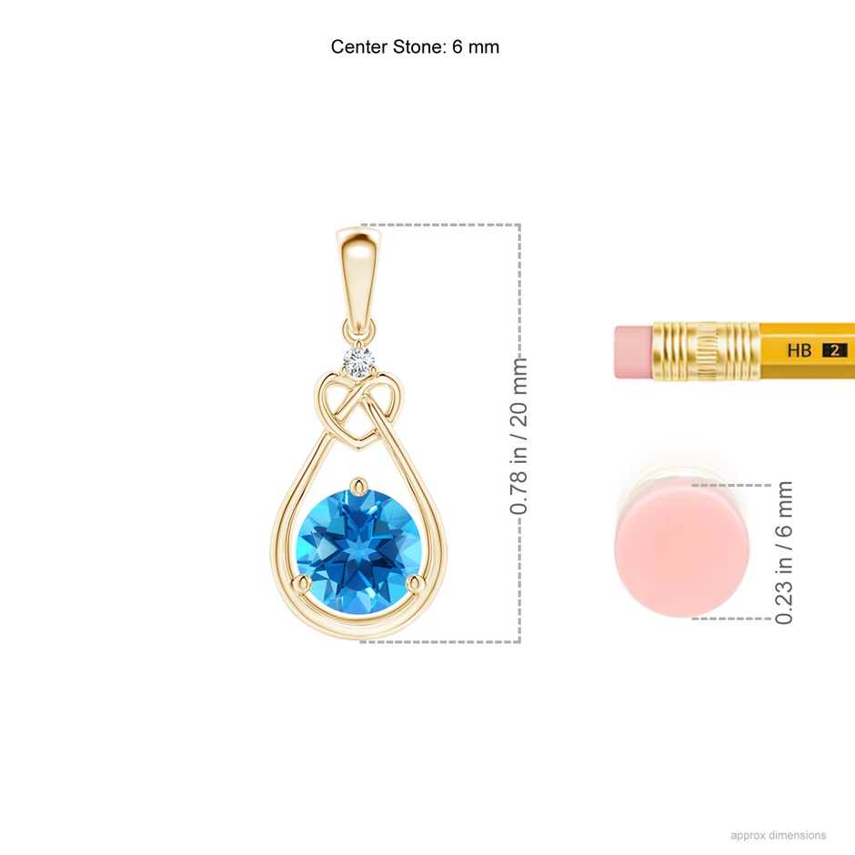 6mm AAAA Swiss Blue Topaz Knotted Heart Pendant with Diamond in Yellow Gold ruler