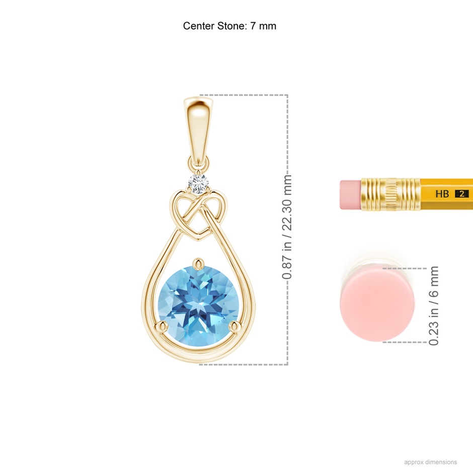 7mm A Swiss Blue Topaz Knotted Heart Pendant with Diamond in Yellow Gold ruler