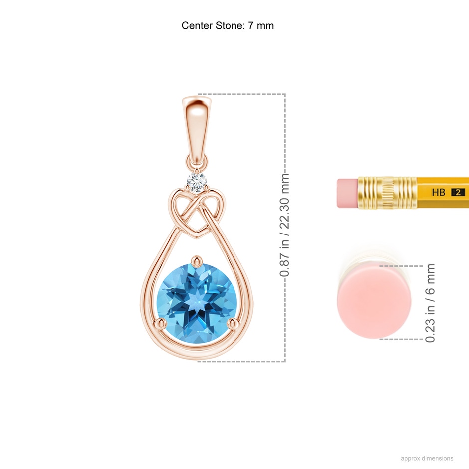 7mm AA Swiss Blue Topaz Knotted Heart Pendant with Diamond in Rose Gold ruler