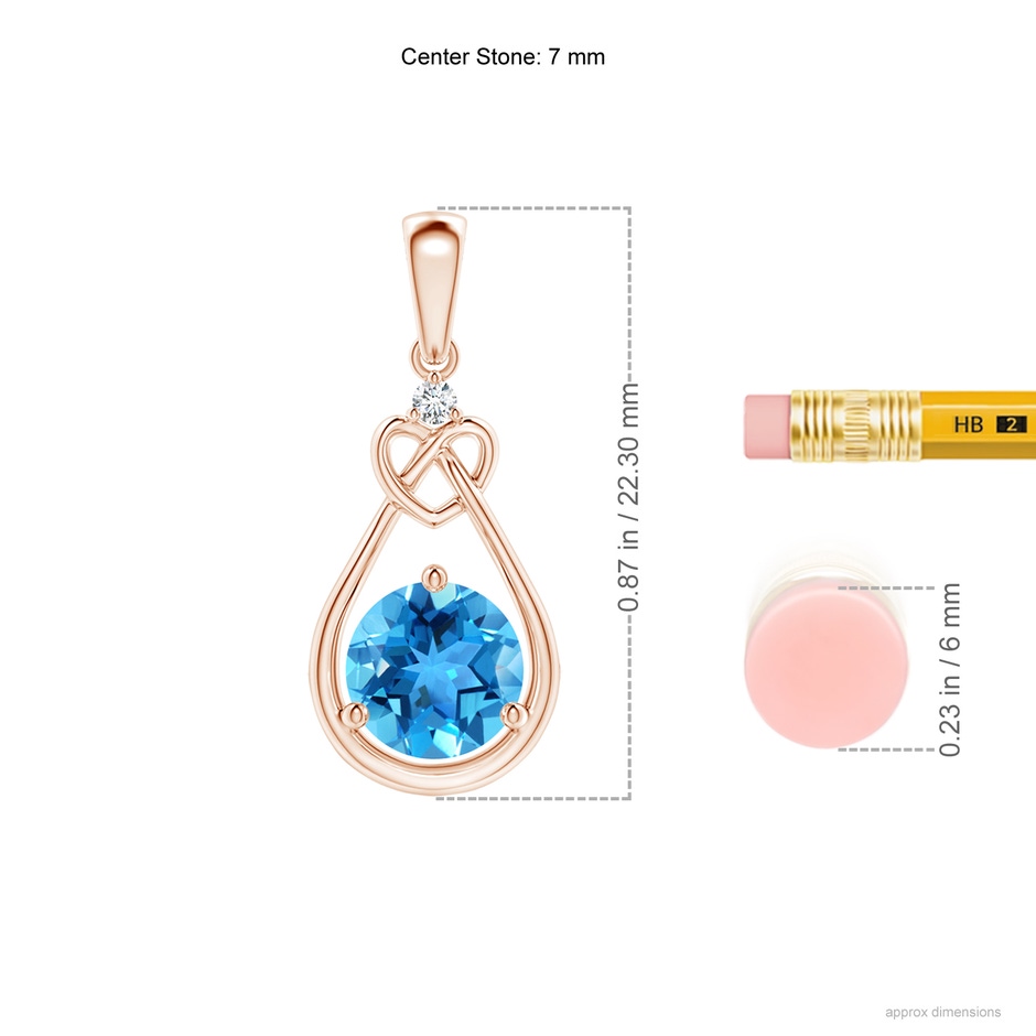 7mm AAA Swiss Blue Topaz Knotted Heart Pendant with Diamond in Rose Gold ruler