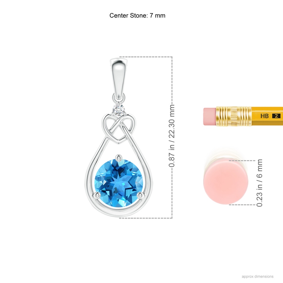 7mm AAA Swiss Blue Topaz Knotted Heart Pendant with Diamond in White Gold ruler