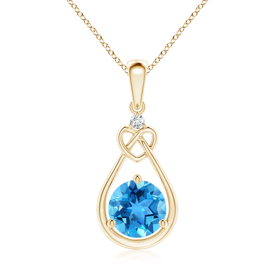 7mm AAA Swiss Blue Topaz Knotted Heart Pendant with Diamond in Yellow Gold 
