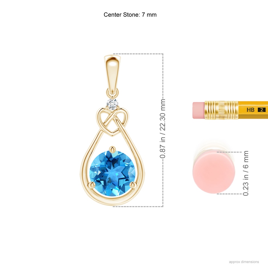 7mm AAA Swiss Blue Topaz Knotted Heart Pendant with Diamond in Yellow Gold ruler