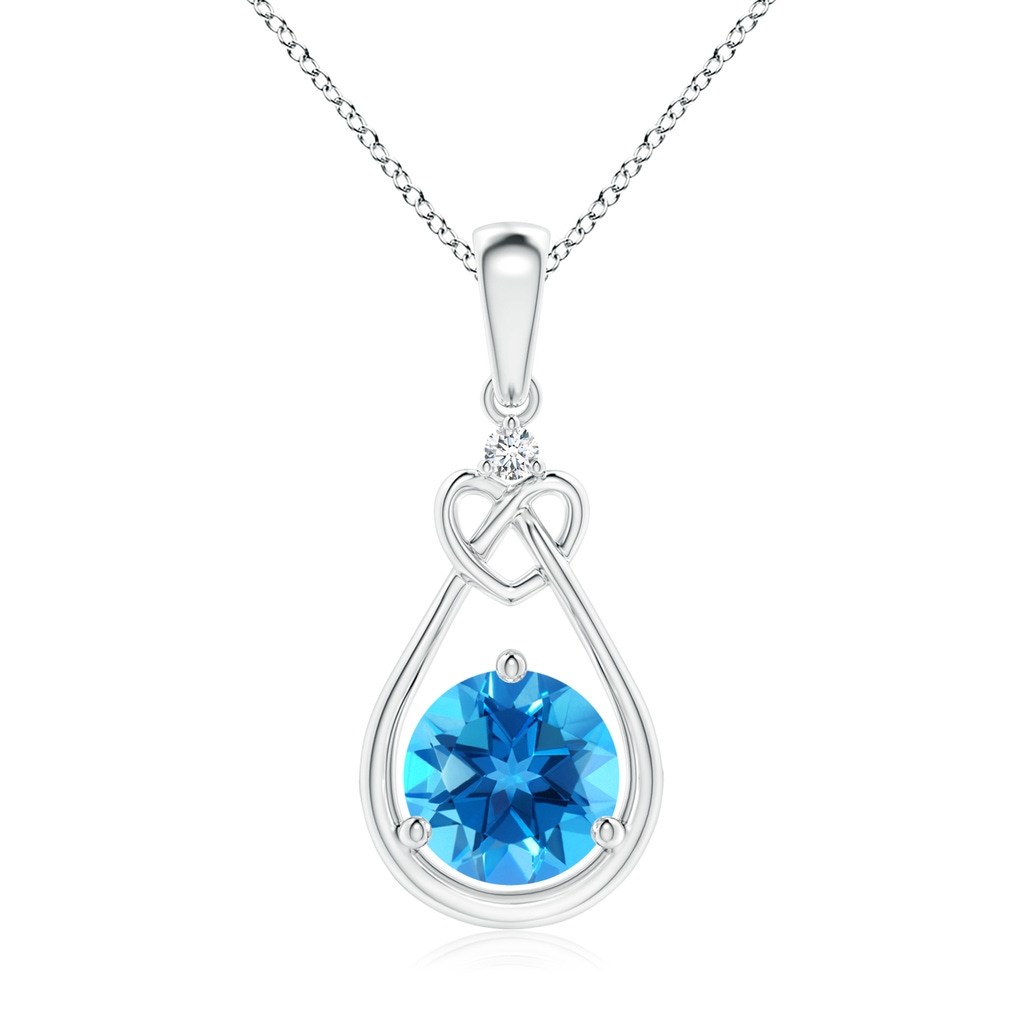7mm AAAA Swiss Blue Topaz Knotted Heart Pendant with Diamond in S999 Silver