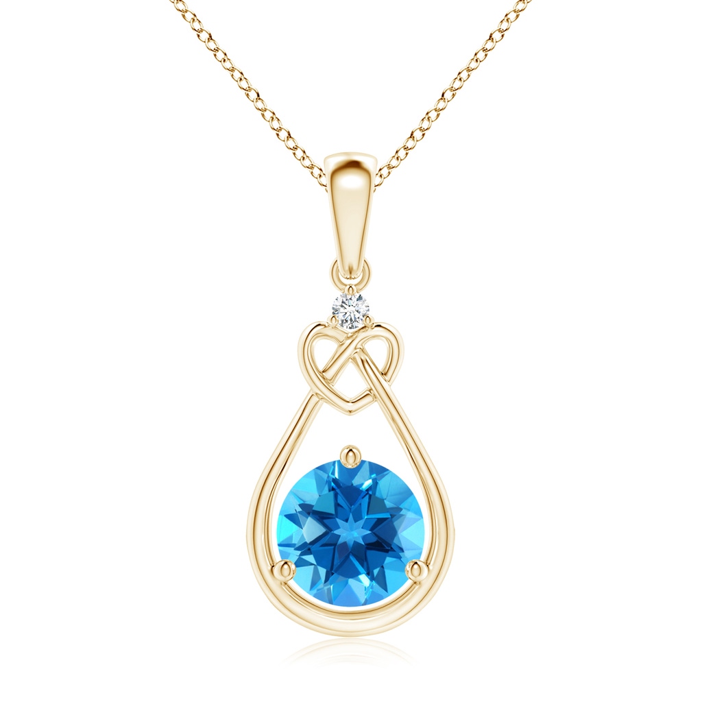 7mm AAAA Swiss Blue Topaz Knotted Heart Pendant with Diamond in Yellow Gold