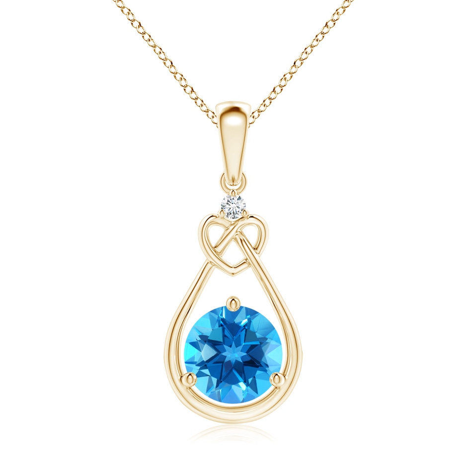 7mm AAAA Swiss Blue Topaz Knotted Heart Pendant with Diamond in Yellow Gold 