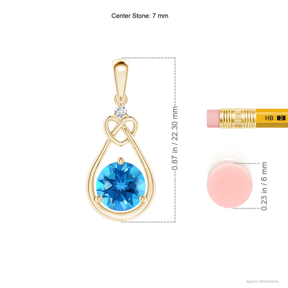 7mm AAAA Swiss Blue Topaz Knotted Heart Pendant with Diamond in Yellow Gold ruler