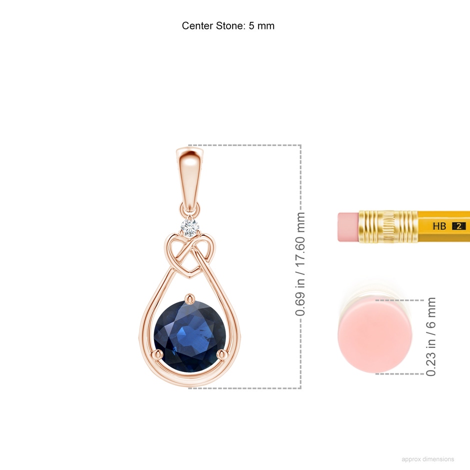 5mm AA Sapphire Knotted Heart Pendant with Diamond in 9K Rose Gold ruler
