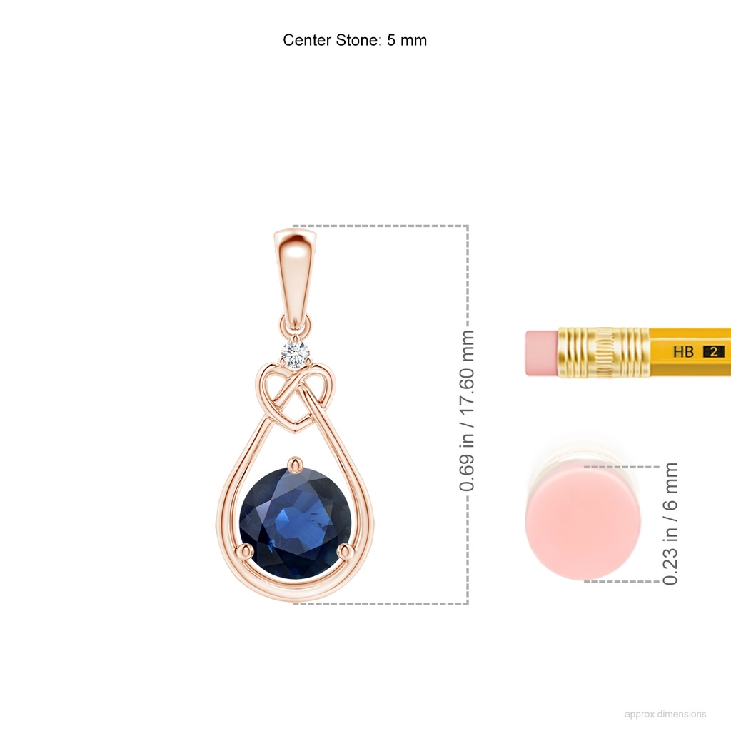5mm AA Sapphire Knotted Heart Pendant with Diamond in Rose Gold ruler
