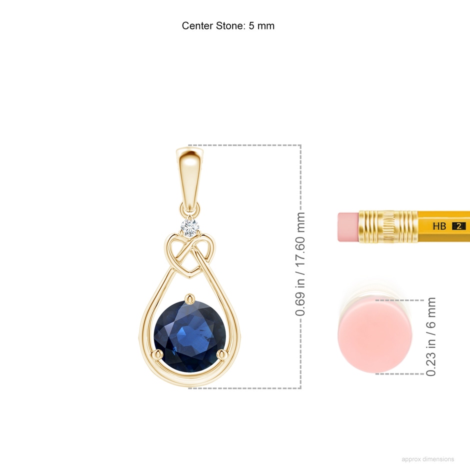 5mm AA Sapphire Knotted Heart Pendant with Diamond in Yellow Gold ruler