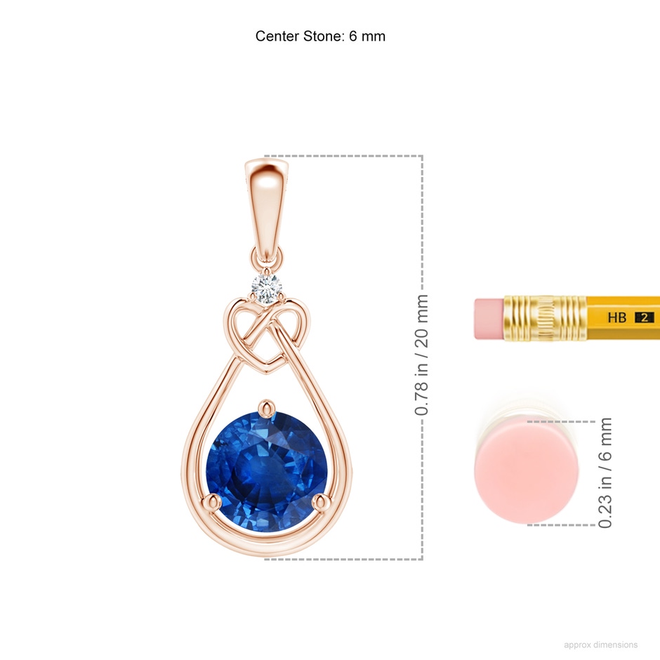 6mm AAA Sapphire Knotted Heart Pendant with Diamond in Rose Gold ruler