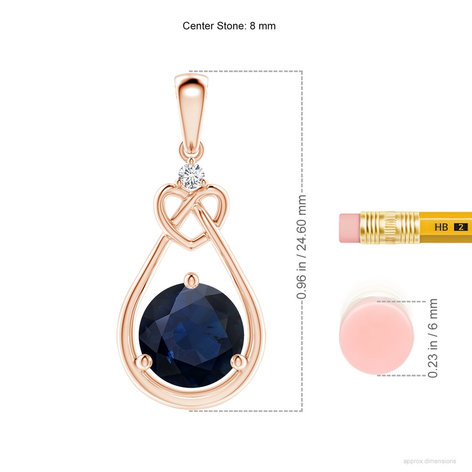 8mm A Sapphire Knotted Heart Pendant with Diamond in Rose Gold ruler