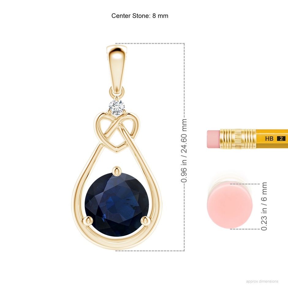 8mm A Sapphire Knotted Heart Pendant with Diamond in Yellow Gold ruler