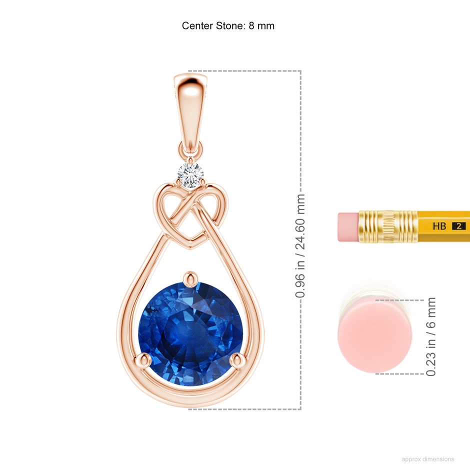 8mm AAA Sapphire Knotted Heart Pendant with Diamond in Rose Gold ruler