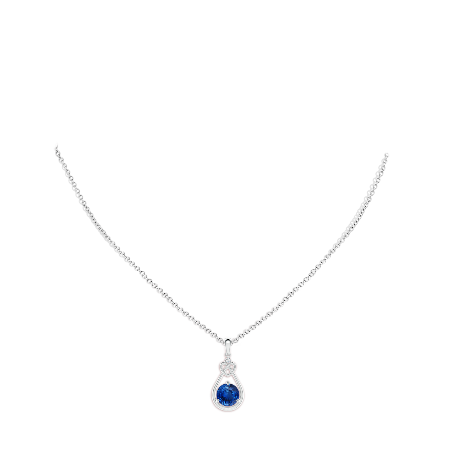 8mm AAA Sapphire Knotted Heart Pendant with Diamond in White Gold - body_neck