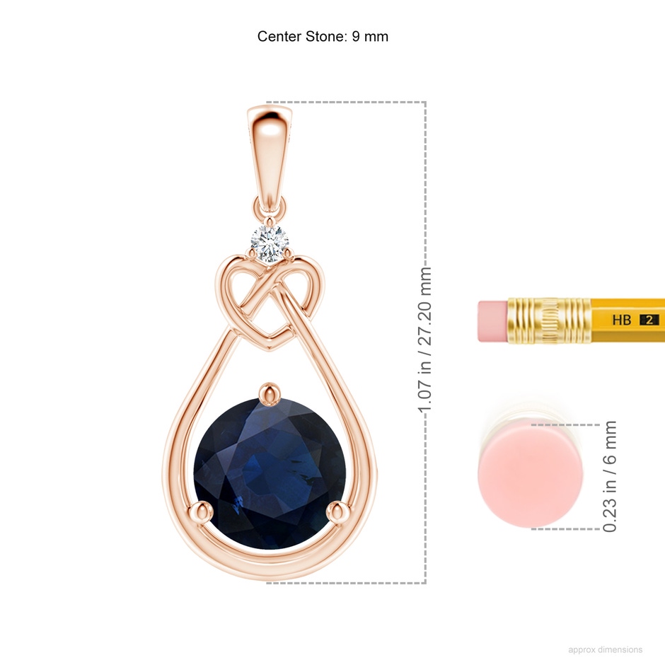 9mm A Sapphire Knotted Heart Pendant with Diamond in Rose Gold ruler