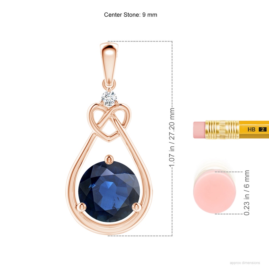 9mm AA Sapphire Knotted Heart Pendant with Diamond in Rose Gold ruler