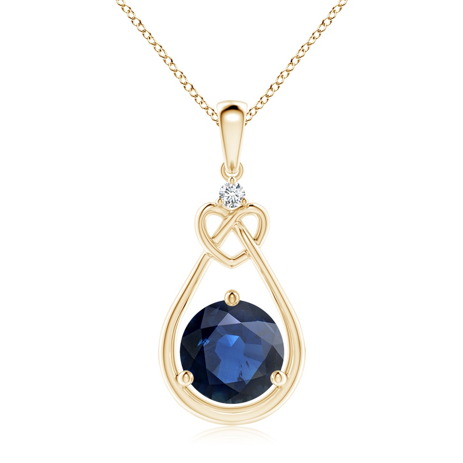 9mm AA Sapphire Knotted Heart Pendant with Diamond in Yellow Gold 