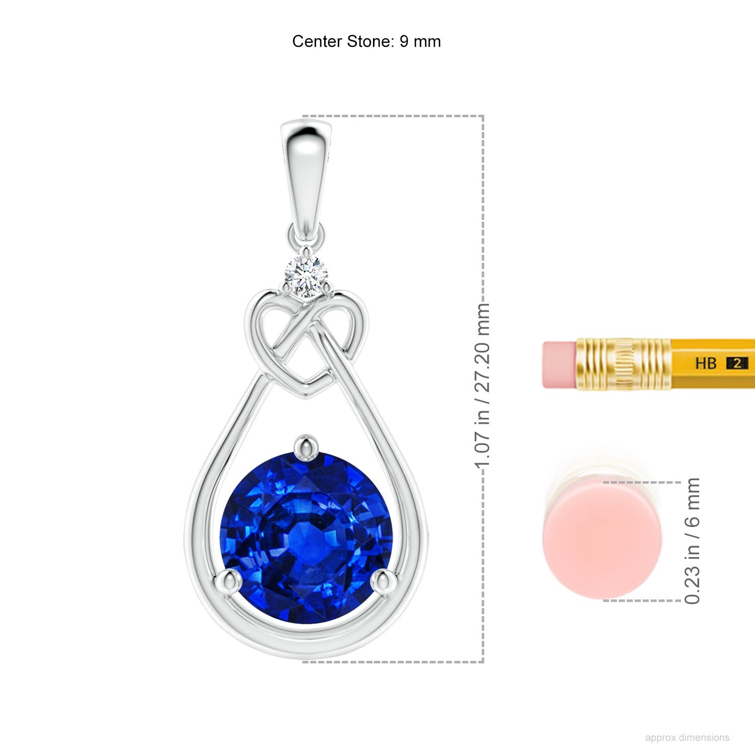 9mm AAAA Sapphire Knotted Heart Pendant with Diamond in White Gold - ruler