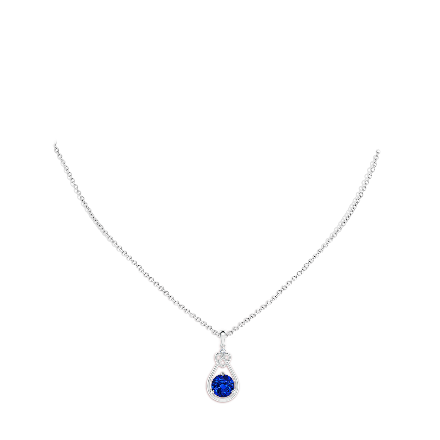 9mm AAAA Sapphire Knotted Heart Pendant with Diamond in White Gold - body_neck