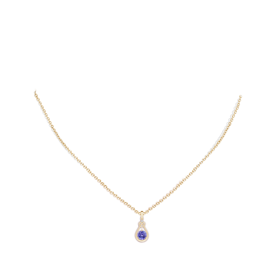 5mm AAA Tanzanite Knotted Heart Pendant with Diamond in Yellow Gold body-neck