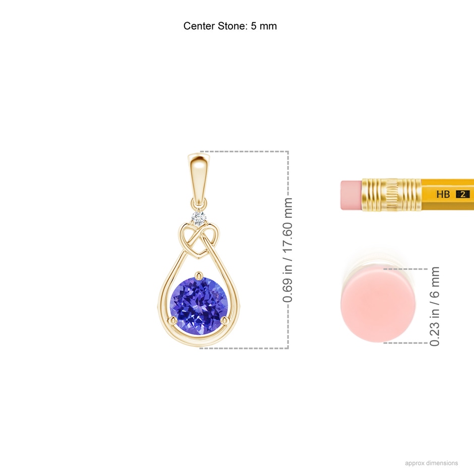 5mm AAAA Tanzanite Knotted Heart Pendant with Diamond in Yellow Gold ruler
