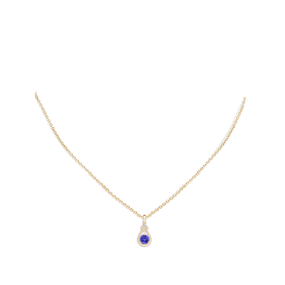 5mm AAAA Tanzanite Knotted Heart Pendant with Diamond in Yellow Gold body-neck