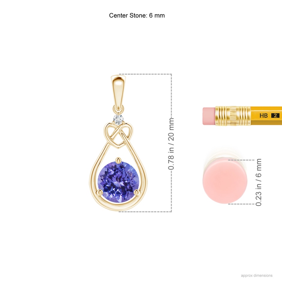 6mm AA Tanzanite Knotted Heart Pendant with Diamond in Yellow Gold ruler