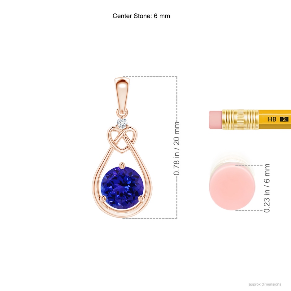 6mm AAAA Tanzanite Knotted Heart Pendant with Diamond in Rose Gold ruler
