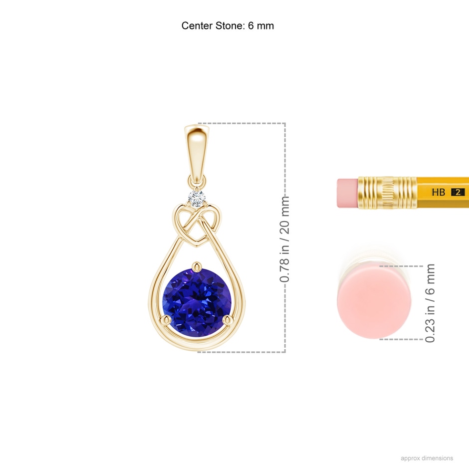 6mm AAAA Tanzanite Knotted Heart Pendant with Diamond in Yellow Gold ruler