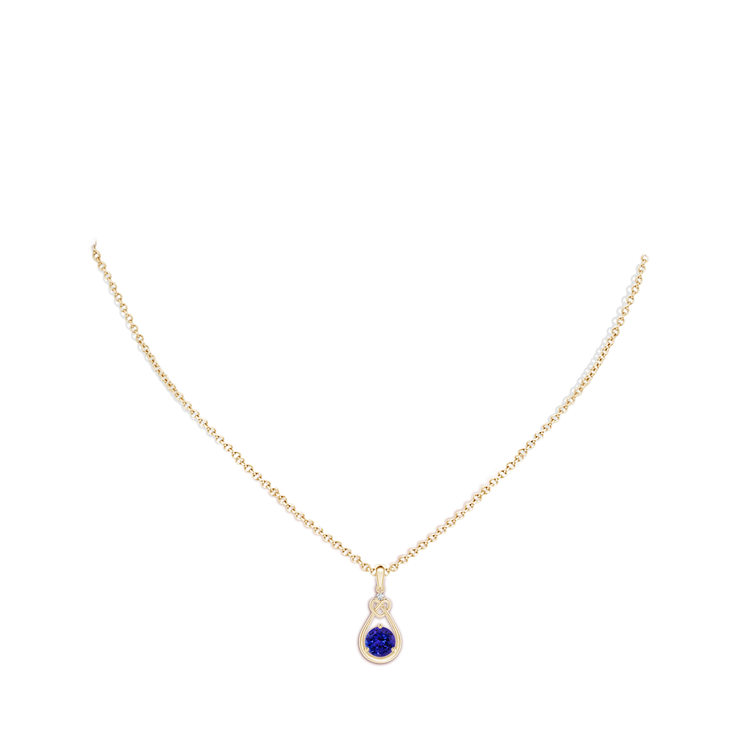6mm AAAA Tanzanite Knotted Heart Pendant with Diamond in Yellow Gold - body_neck