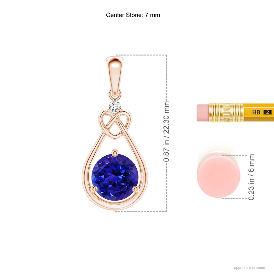 7mm AAAA Tanzanite Knotted Heart Pendant with Diamond in Rose Gold ruler
