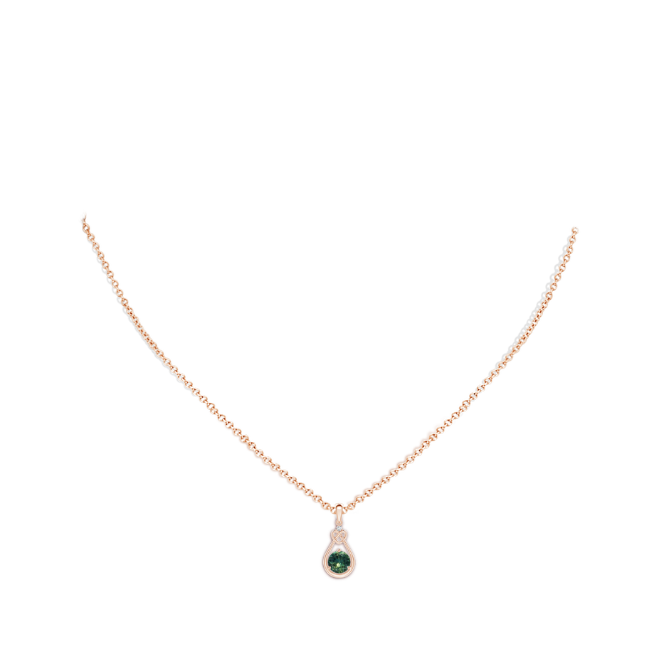 5mm AA Teal Montana Sapphire Knotted Heart Pendant with Diamond in Rose Gold body-neck