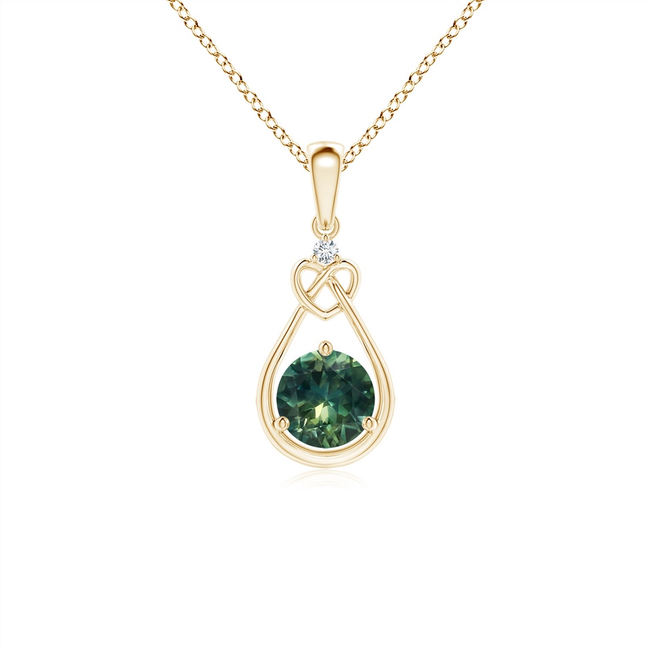 5mm AA Teal Montana Sapphire Knotted Heart Pendant with Diamond in Yellow Gold 