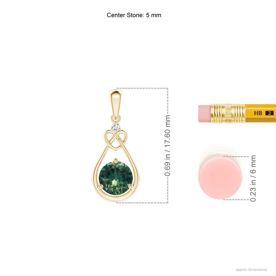 5mm AA Teal Montana Sapphire Knotted Heart Pendant with Diamond in Yellow Gold ruler