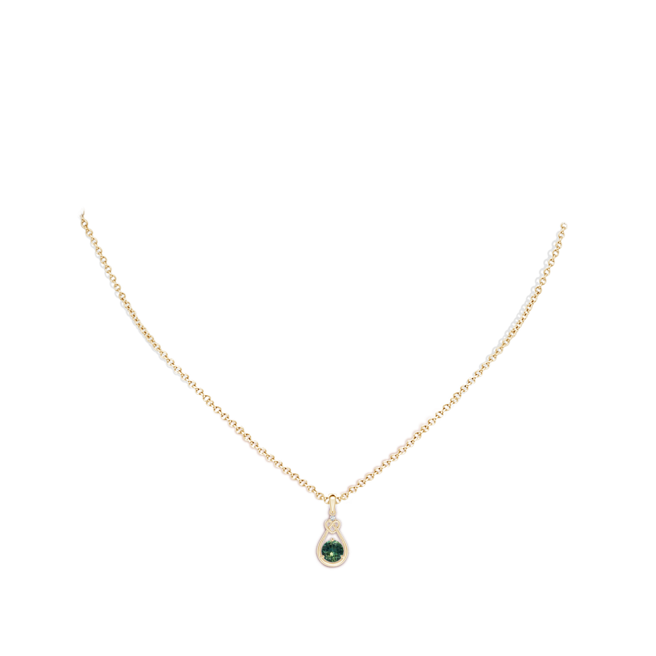 5mm AA Teal Montana Sapphire Knotted Heart Pendant with Diamond in Yellow Gold body-neck