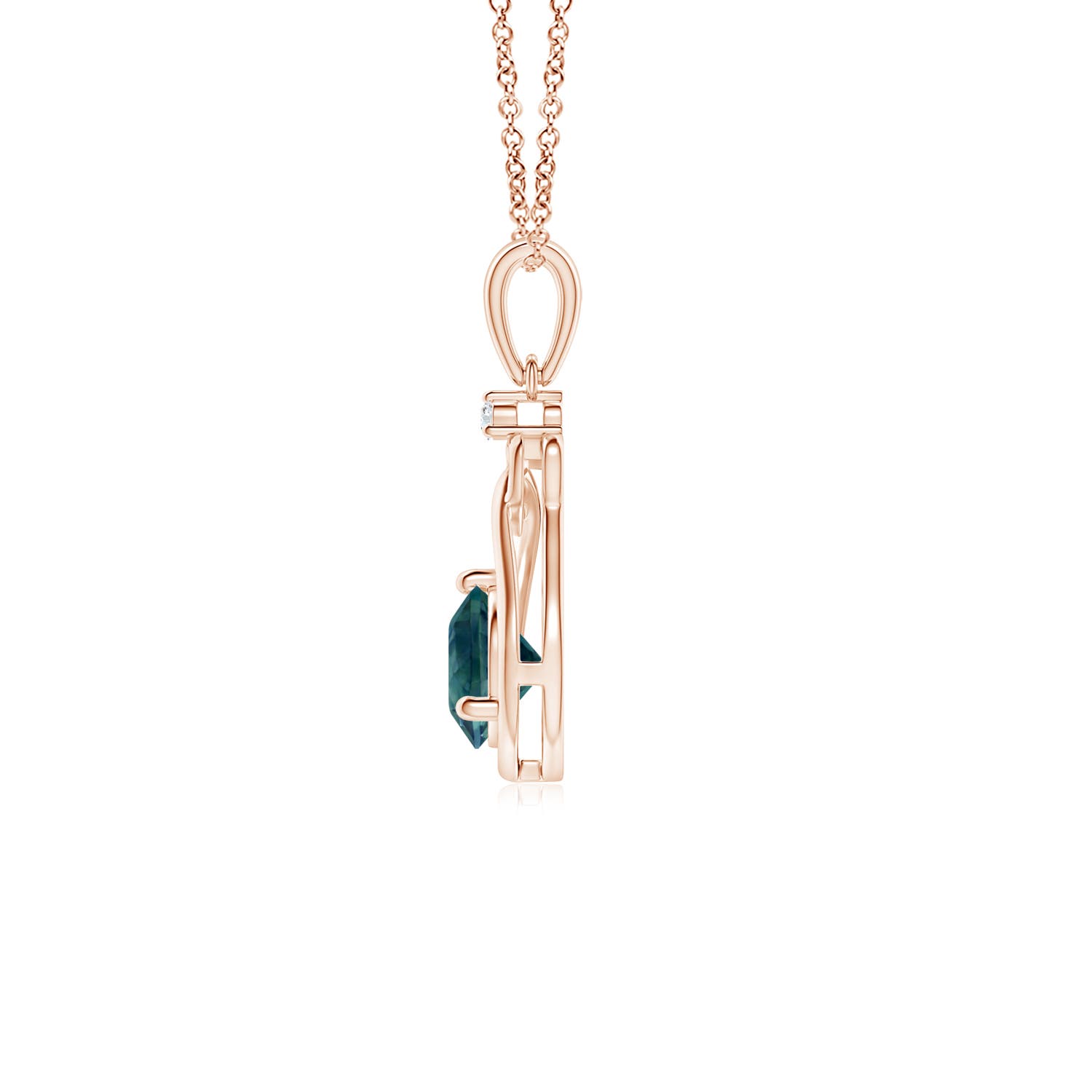 5mm AAA Teal Montana Sapphire Knotted Heart Pendant with Diamond in Rose Gold