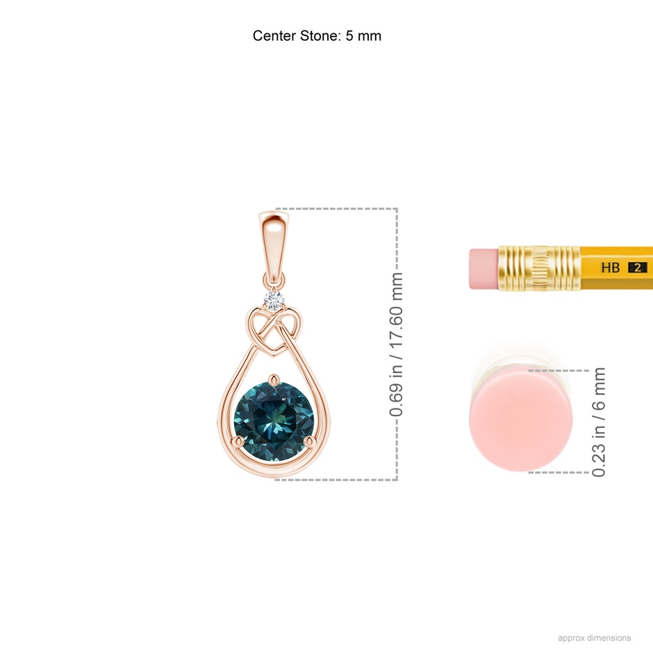 5mm AAA Teal Montana Sapphire Knotted Heart Pendant with Diamond in Rose Gold ruler