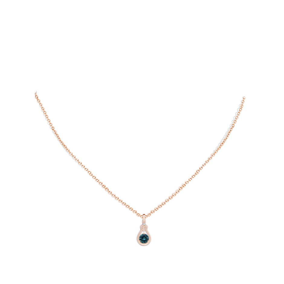 5mm AAA Teal Montana Sapphire Knotted Heart Pendant with Diamond in Rose Gold body-neck