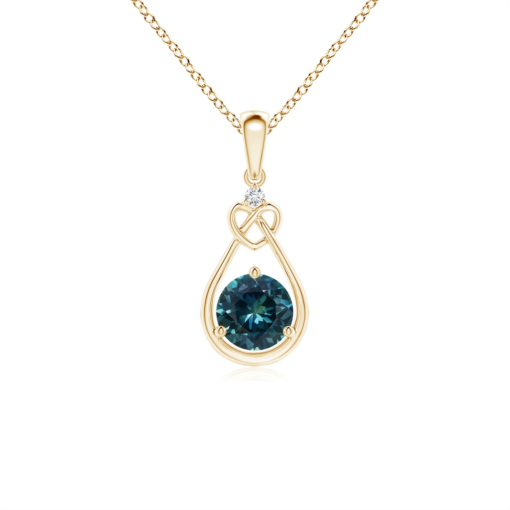 5mm AAA Teal Montana Sapphire Knotted Heart Pendant with Diamond in Yellow Gold