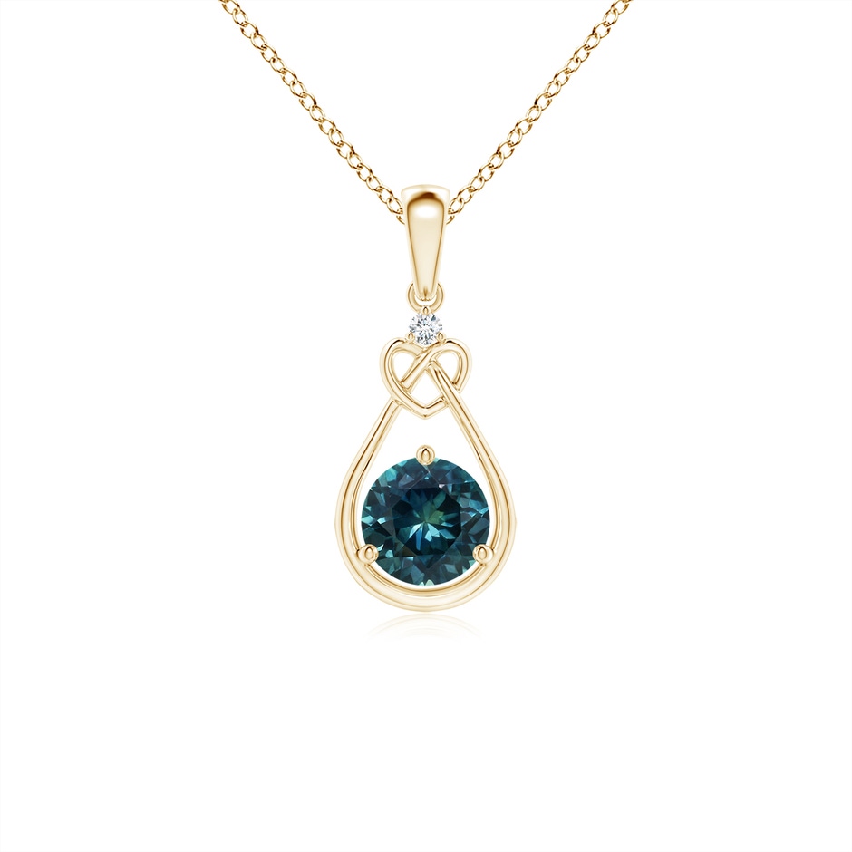 5mm AAA Teal Montana Sapphire Knotted Heart Pendant with Diamond in Yellow Gold 